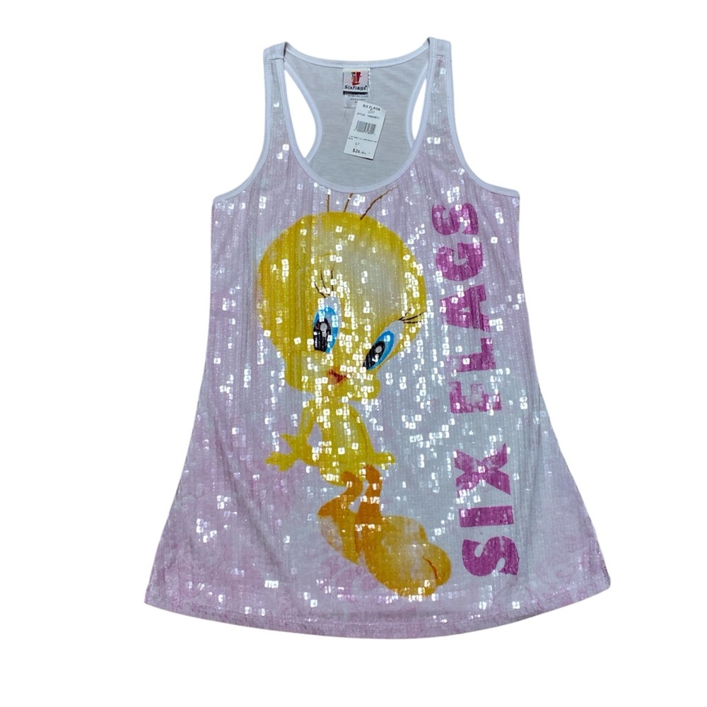Six Flags Tweety Bird Tank Top Women’s L Sequins Sleeveless Blouse Looney Tunes